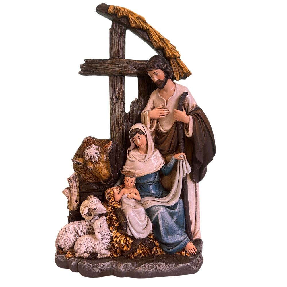 Rustic 11" Holy Family Christmas Nativity Cross Stable Manger Animals Figurine